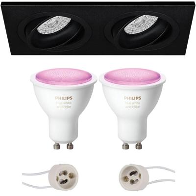 GU10 Inbouwspot Set - Mat Zwart - Inbouw Rechthoek Dubbel - Kantelbaar - Philips Hue - White and Color Ambiance - Bluetooth - Pragmi Borny Pro - 175x92mm