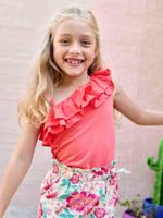 Asymmetrisch geruit T-shirt voor meisjes koraal - thumbnail