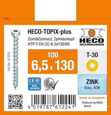 Heco Topix-plus CombiConnect 6,5 x 130 ck T-30 OKD verz; 100 stuks - HC61224