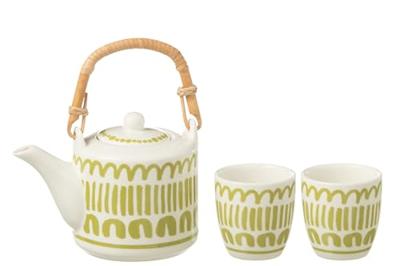 J-Line tasje + theepotje Strepen - keramiek - groen - set van 3