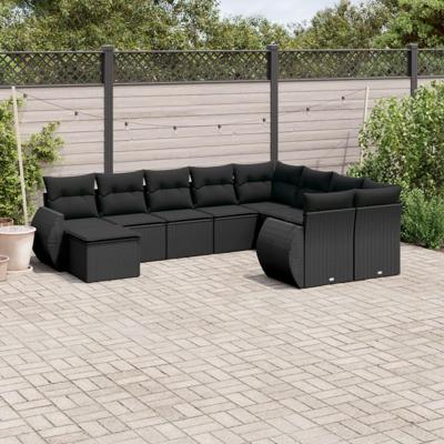10-delige Loungeset met kussens poly rattan zwart - thumbnail