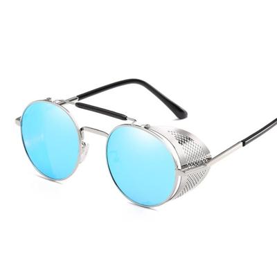 Retro ronde metalen zonnebrillen Unisex design UV-bescherming glazen (zilver + blauw)