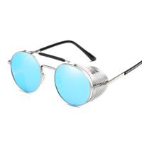 Retro ronde metalen zonnebrillen Unisex design UV-bescherming glazen (zilver + blauw) - thumbnail