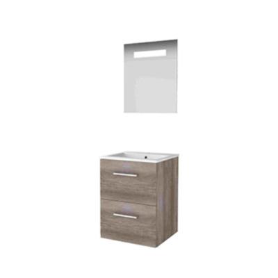 Basic-Line Economic 46 Badkamermeubelset - 50 x 46 cm - Met Grepen - 2 Lades - Keramische Wastafel - 1 Kraangat - Spiegel met LED Verlichting - Scotch Oak