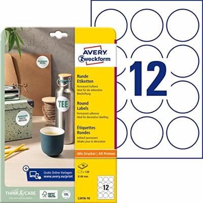 Avery Zweckform ronde etiketten, diameter 60 mm, wit, permanent klevend, 120 etiketten, 10 vellen Avery Zweckform ronde etiketten, diameter 60 mm, wit, permanent klevend, 120 etiketten, 10 vellen