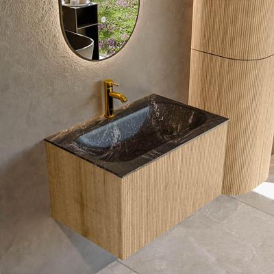 Mondiaz KURVE-DLUX 70 cm Onderkast Greeploos 1 Lade Zonder Deuren Oak, Wastafel Solid Surface Volledig Lava 1 Kraangat Zonder Spiegel (KRVBGS701L0D1KM-Oak/Lav)