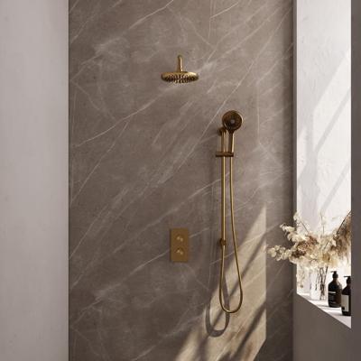 Brauer Gold Carving Thermostatische Regendoucheset Inbouw - Hoofddouche 20 cm - Gebogen Wandarm - 3 Weg - Handdouche 3 Standen - Doucheslang - Geintegreerde Glijstang - Geborsteld Goud