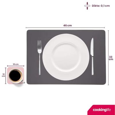 Cookinglife 6 Placemats + 6 Onderzetters - Dubbelzijdig - Vegan leer - Roze / Grijs