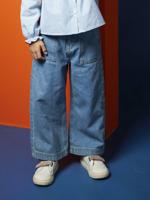 Wijdere timmermansjeans meisjes middenblauw - thumbnail