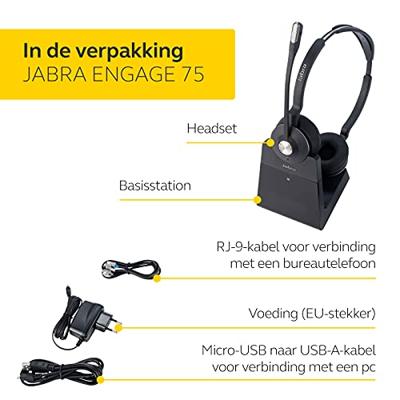 Jabra Engage 75 On-Ear Dect Stereo Headset - Skype for Business gecertificeerde draadloze hoofdtelefoon met ruisonderdrukking voor tafeltelefoons en softphones - zwart - EU-versie