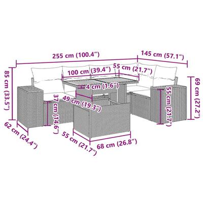 6-delige Loungeset met kussens poly rattan zwart