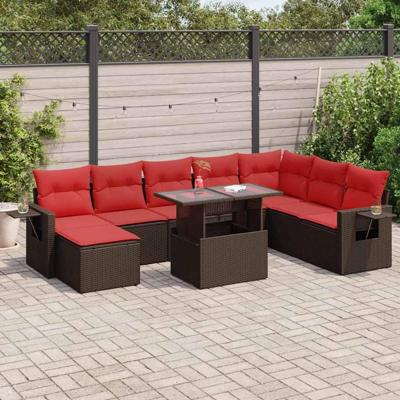 9-delige Loungeset met kussens poly rattan acacia bruin