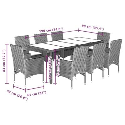 9-delige Tuinset met kussens poly rattan en glas grijs - thumbnail