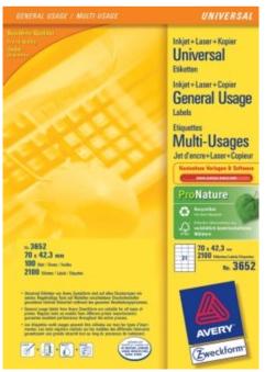 Etiket Avery Zweckform 3652 70x42.3mm wit 2100stuks Etiket Avery Zweckform 3652 70x42.3mm wit 2100stuks