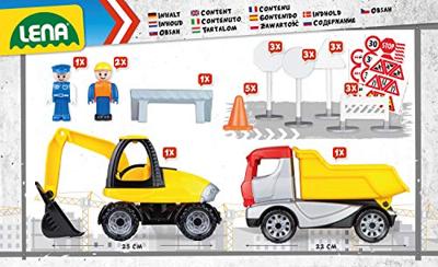 Lena truckies set graafmachine met kiepwagen 3 speelfiguurtjes en verkeersborden - thumbnail
