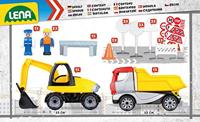Lena truckies set graafmachine met kiepwagen 3 speelfiguurtjes en verkeersborden - thumbnail