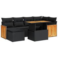 7-delige Loungeset met kussens poly rattan acacia zwart - thumbnail