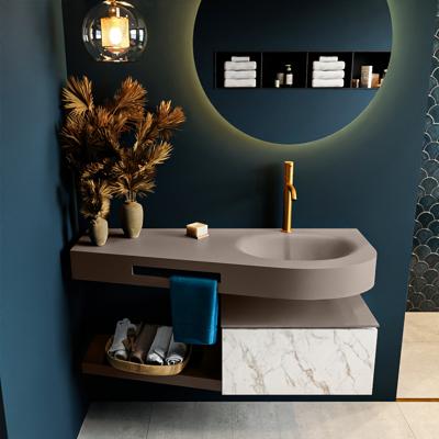 MONDIAZ RIVA 120cm badmeubel onderkast / planchet kleur carrara met 1 lade. Wastafel DULCET rechts 1 kraangat kleur Smoke.