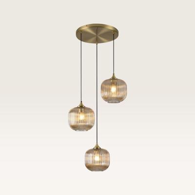 Hanglamp Virello ambra pendente - Drie bollen van geribbeld amberkleurig glas met een speels effect - Zonder lichtbron