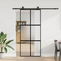 Schuifdeur met beslagset 90x205 cm gehard glas zwart - thumbnail