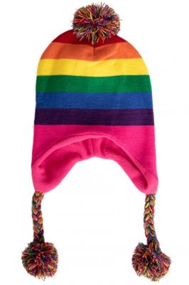 Gebreide Ijsmuts Regenboog met pompon en tassels