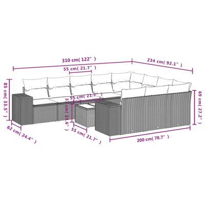 10-delige Loungeset met kussens poly rattan zwart