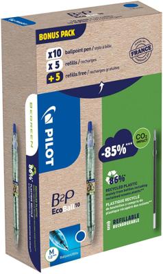 Pilot Ecoball B2P BeGreen balpen, medium punt, 0,3 mm 10 stuks + 10 vullingen, blauw Pilot Ecoball B2P BeGreen balpen, medium punt, 0,3 mm 10 stuks + 10 vullingen, blauw