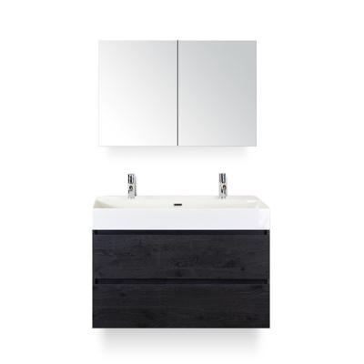 Maxx XL Badmeubelset 100 cm - Black Oak - Wastafel Kube 2 kraangaten - met Spiegelkast