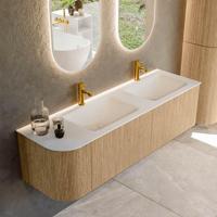 Mondiaz KURVE 155 cm Onderkast Greeploos 2 Lades Met Deuren Oak, Wastafel Solid Surface Rechts Talc 2 Kraangaten Zonder Spiegel (KRVCLO155L2L1D2KD-Oak/Tal) - thumbnail