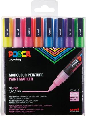 Paintmarker Uni POSCA PC3M fijn glitter pastel assorti set a 8 stuks