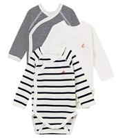 Set van 3 gestreepte babyrompertjes met lange mouwen in biokatoen PETIT BATEAU marine - thumbnail