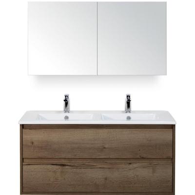Porto Badmeubelset 120 cm - 2 Laden Tabacco - Keramische Wastafel Wit Slim met Spiegelkast