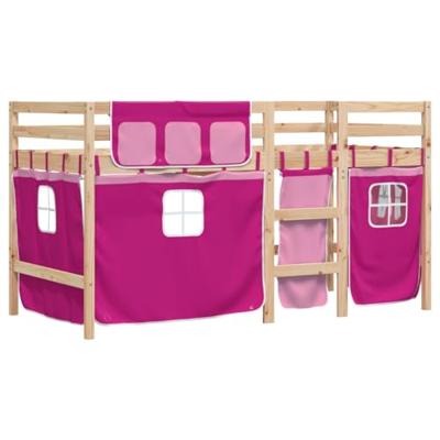 Kinderhoogslaper met gordijnen 90x200 cm grenenhout roze