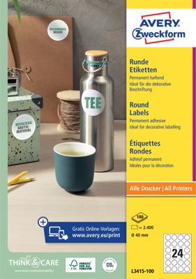 Avery-Zweckform L3415-100 Universele etiketten Ø 40 mm Papier Wit 2400 stuk(s) Permanent hechtend Inkjet, Laser (zwart/wit), Laser (kleur), Kopiëren