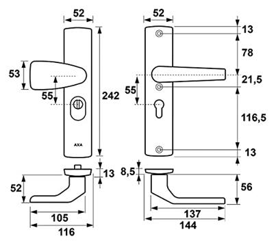 AXA | Veiligheidsbeslag Premium Wing-knop+kruk Arrow | PC55 | Anti-kerntrek | Omkeerbaar | 242x52x13 | Alu | SKG3