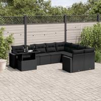 10-delige Loungeset met kussens poly rattan zwart - thumbnail