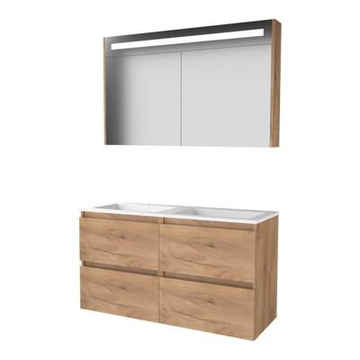 Basic-Line Premium 46 Badkamermeubelset - 120 x 46 cm - Greeploos - 4 Lades - Acryl Wastafel - 2 Kraangaten - Spiegelkast met LED Verlichting - Whisky Oak
