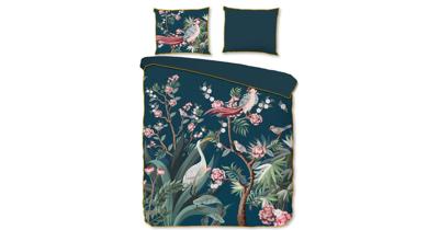 Descanso Dekbedovertrek "kraanvogel met bloemen" - Petrol - (200x200/220 cm) - Biologisch Katoen satijn
