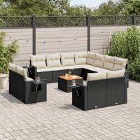 12-delige Loungeset met kussens poly rattan zwart - thumbnail