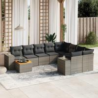 10-delige Loungeset met kussens poly rattan grijs - thumbnail