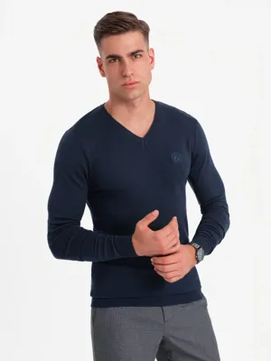 Ombre - Heren V-Hals Sweater - Ribgebreide Boorden - Navy - Italianstyle
