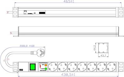 Bachmann 333.405 19 inch Stekkerdoos voor patchkast 1 HE Geaarde contactdoos Overspanningsbescherming Lichtgrijs