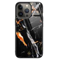 iPhone 13 Pro glazen hardcase - Marmer zwart oranje - thumbnail