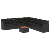 10-delige Loungeset met kussens poly rattan zwart - thumbnail