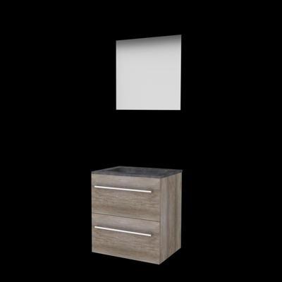 Basic-Line Ultimate 46 Badkamermeubelset - 60 x 46 cm - Met Grepen - 2 Lades - Hardstenen Wastafel - 1 Kraangat - Spiegel met Indirecte LED Verlichting - Scotch Oak