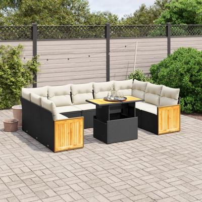 10-delige Loungeset met kussens poly rattan acacia zwart