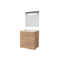 Basic-Line Economic 46 Badkamermeubelset - 60 x 46 cm - Met Grepen - 2 Lades - Acryl Wastafel - Zonder Kraangat - Spiegel met LED Verlichting - Whisky Oak - thumbnail