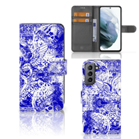 Telefoonhoesje met Naam Samsung Galaxy S21 FE Angel Skull Blauw - thumbnail