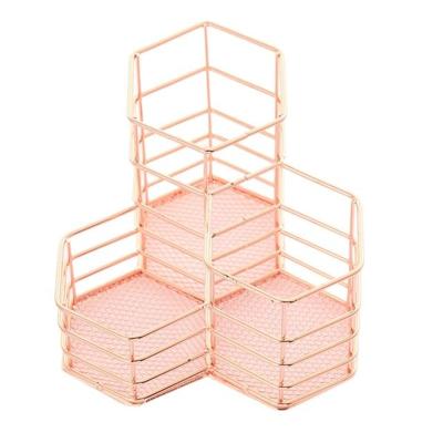 2 PC'S pen Cup houder Desk zeshoek ijzeren holle make-up borstel organisator briefpapier opslag container zeshoekige penhouder (Rose goud)