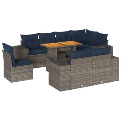 9-delige Loungeset met kussens poly rattan grijs
